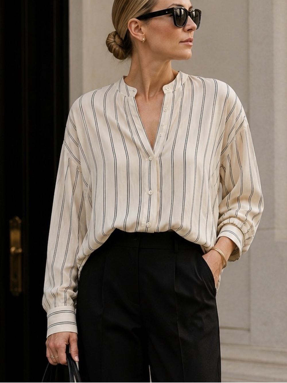 Lauren Ralph Lauren Cream Black Pin Stripe Oversized Silk Feel Blouse • XL
